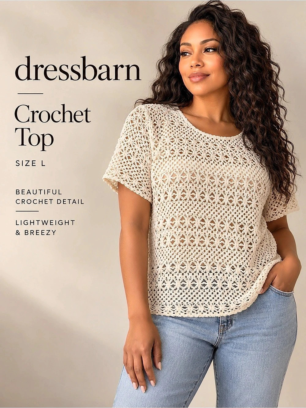 Dressbarn Ivory Crochet Short Sleeve Top Size L NWT
